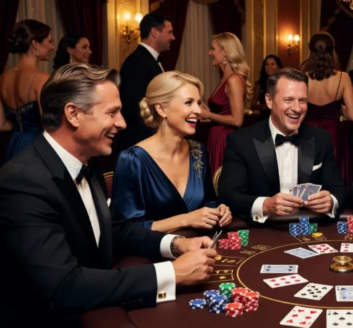 Goście uśmiechnięci przy stole pokerowym podczas udanego wieczoru pokerowego