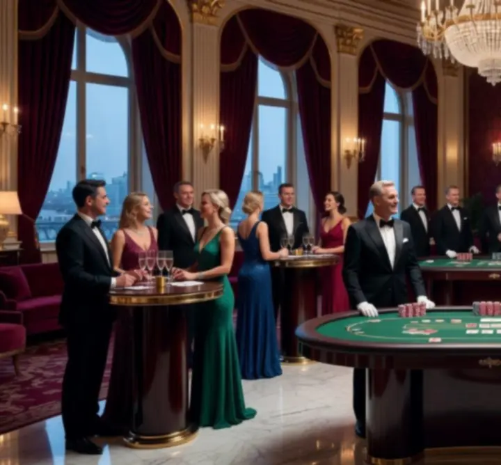Luksusowa atmosfera eventu kasynowego z eleganckim oświetleniem i stołami do gry