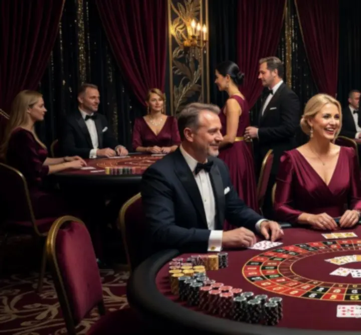 Luksusowy event kasynowy z eleganckim oświetleniem i stołami do gier