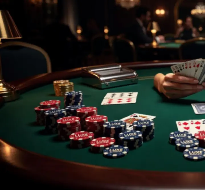 Zbliżenie na profesjonalny stół pokerowy z żetonami
