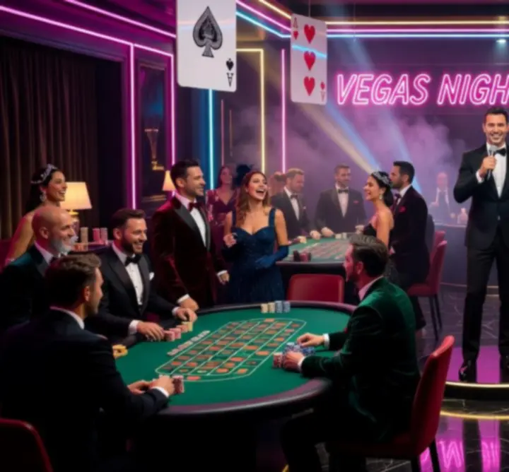Impreza tematyczna Vegas Night z neonami i stołami kasynowymi
